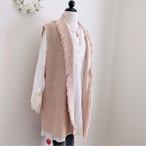 Tahari Fringe Open-Front Long Vest Shawl Collar Sleeveless Cardigan